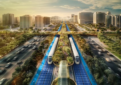 A colorful rendering of the E311 shows an open, tree-lined walking path in the center between two white trains, which sit on blue rails. The path and trains all fit on a median between two multilane roads. There are tan buildings in the background and three tree-lined bridges that rise above the train median. 