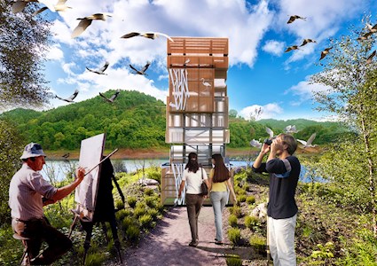 A colorful rendering shows a person with binoculars and a painter looking at birds in the foreground. A blue stream, lined with green trees and shrubbery, is in the background. 