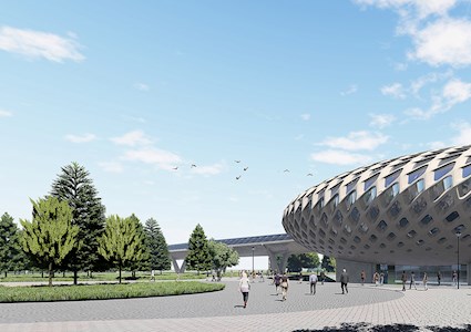 oblong-shaped building with odd-shaped openings for windows