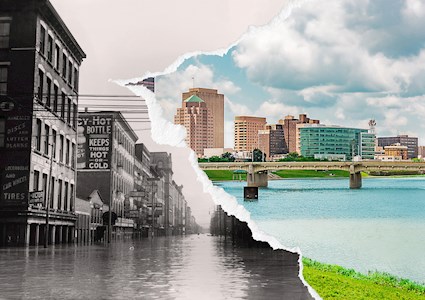 Two images are shown: a black and white photo of a flooded street and a color photo of a portion of a river in the foreground with a bridge and buildings in the background. 