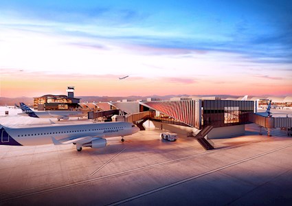 A full-color rendering shows the finished concourse exterior with white airplanes at several gates. 