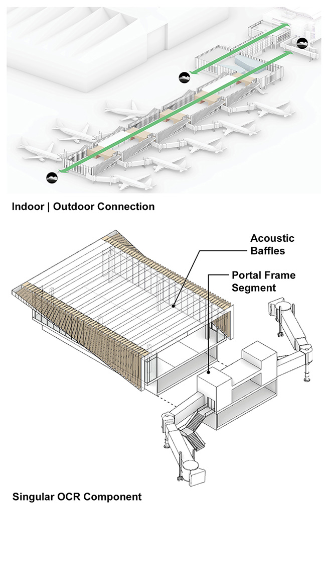 A mostly black and white rendering shows airplanes lined up at each segment at the top. A brown and white rendering of a segment stands alone, displaying its framing at the bottom. 