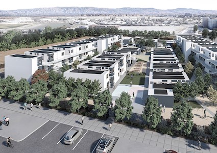 Designed as a campus, the facility consists mainly of 10 ft by 40 ft modules that are arranged in the form of either three-tier, two-tier, or single-story wings radiating out from a central gathering space. (Rendering by Tangram, courtesy of the Office of Charles F. Bloszies FAIA)