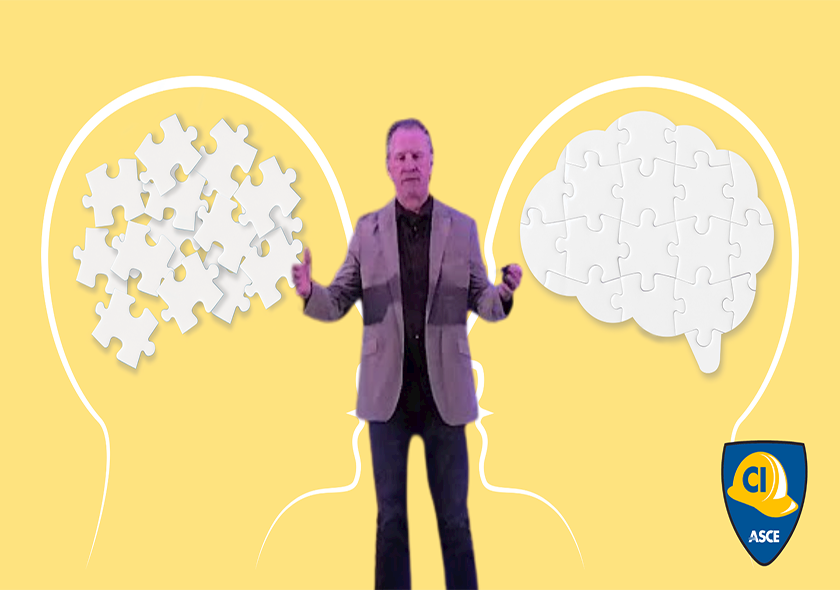 Scott Staffon standing in front of a Yellow background with images of brains at the CI & CRC 2024 Joint Conference